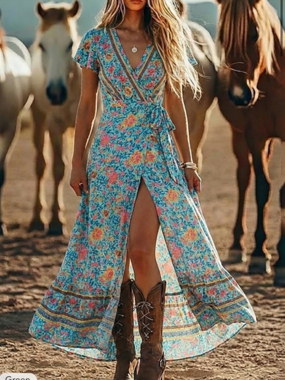 ZESICA Boho Floral Wrap Maxi Dress Teal Pink Short Slv Slit Cottagecore Size XL